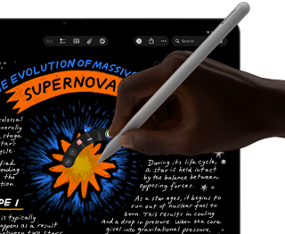 iPad Air displaying handwritten notes and drawings in the Notes app, hand using Apple Pencil Pro to draw